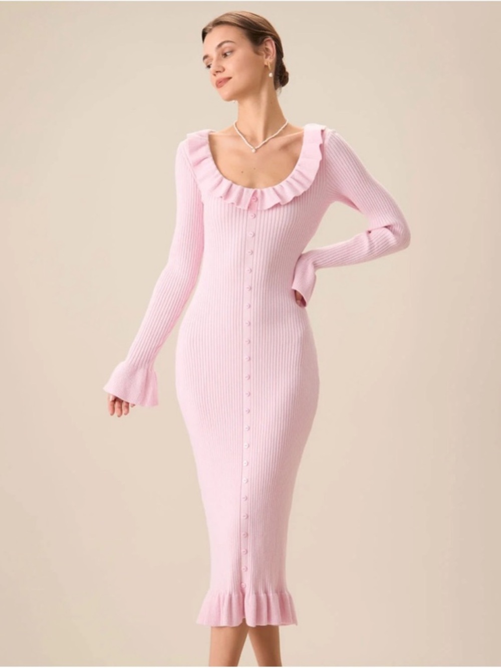 Women's Pink U-Neck Ruffle Bodycon